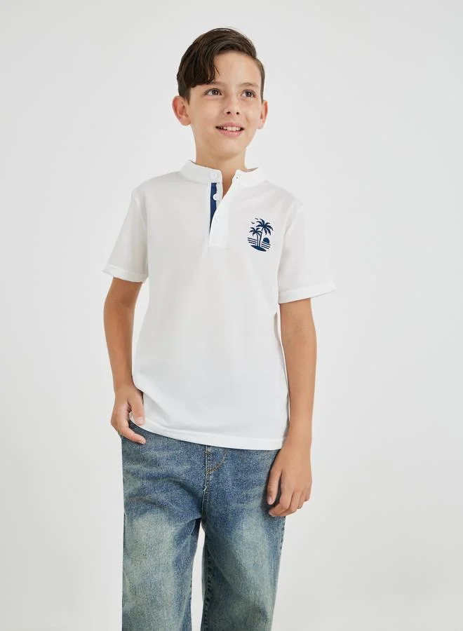 Styli Styli Embroidered Mandarin Collar Buttoned T-Shirt